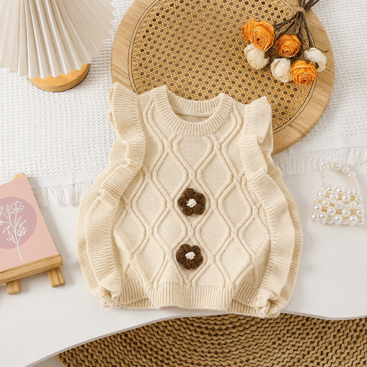 Gilet Tricoté Sans Manches Pour Fille À Fleurs - Enfant Joyeux
