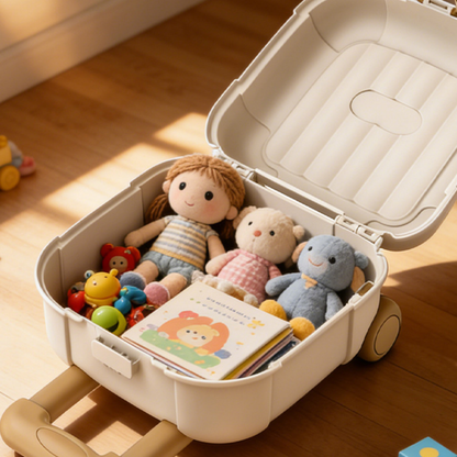 Détail des roulettes de la valise de rangement pour enfants