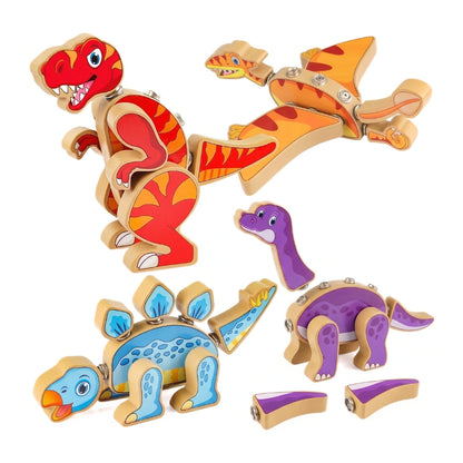 Ensemble de construction de dinosaures en bois présenté avec ses pièces