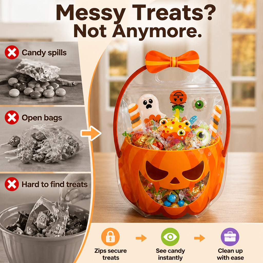 Sac citrouille transparent rempli de friandises d’Halloween