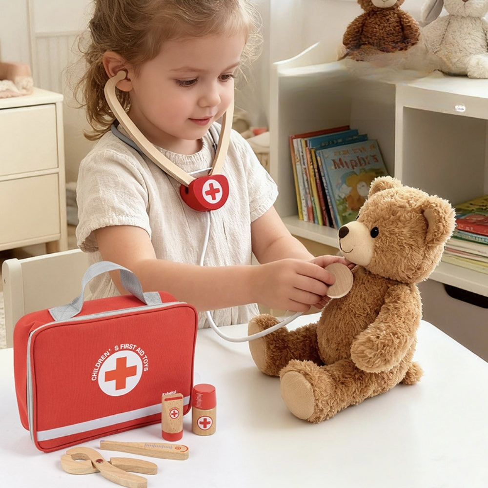 Vue d’ensemble de la trousse de docteur en bois et de ses accessoires