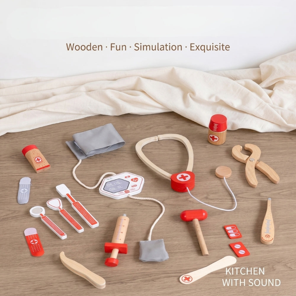 Trousse médicale en bois conçue pour les jeux de rôle des enfants