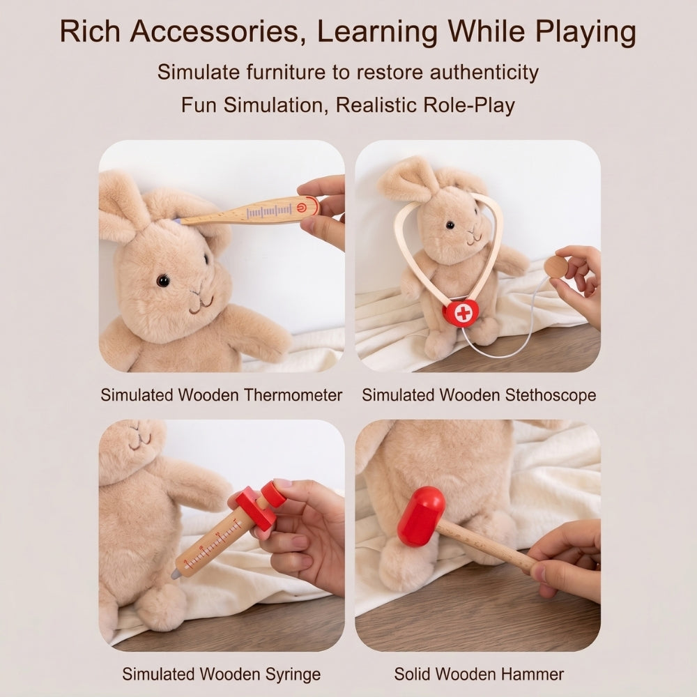 Accessoires de docteur en bois réunis dans une trousse pour enfants