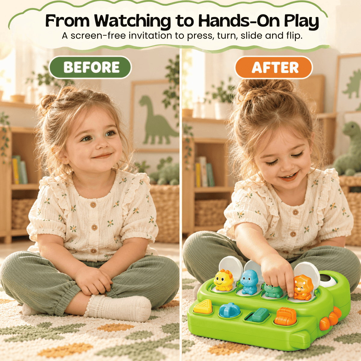 Activité sensorielle Montessori avec jouet dinosaure à manipuler