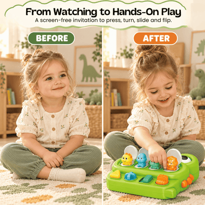 Activité sensorielle Montessori avec jouet dinosaure à manipuler