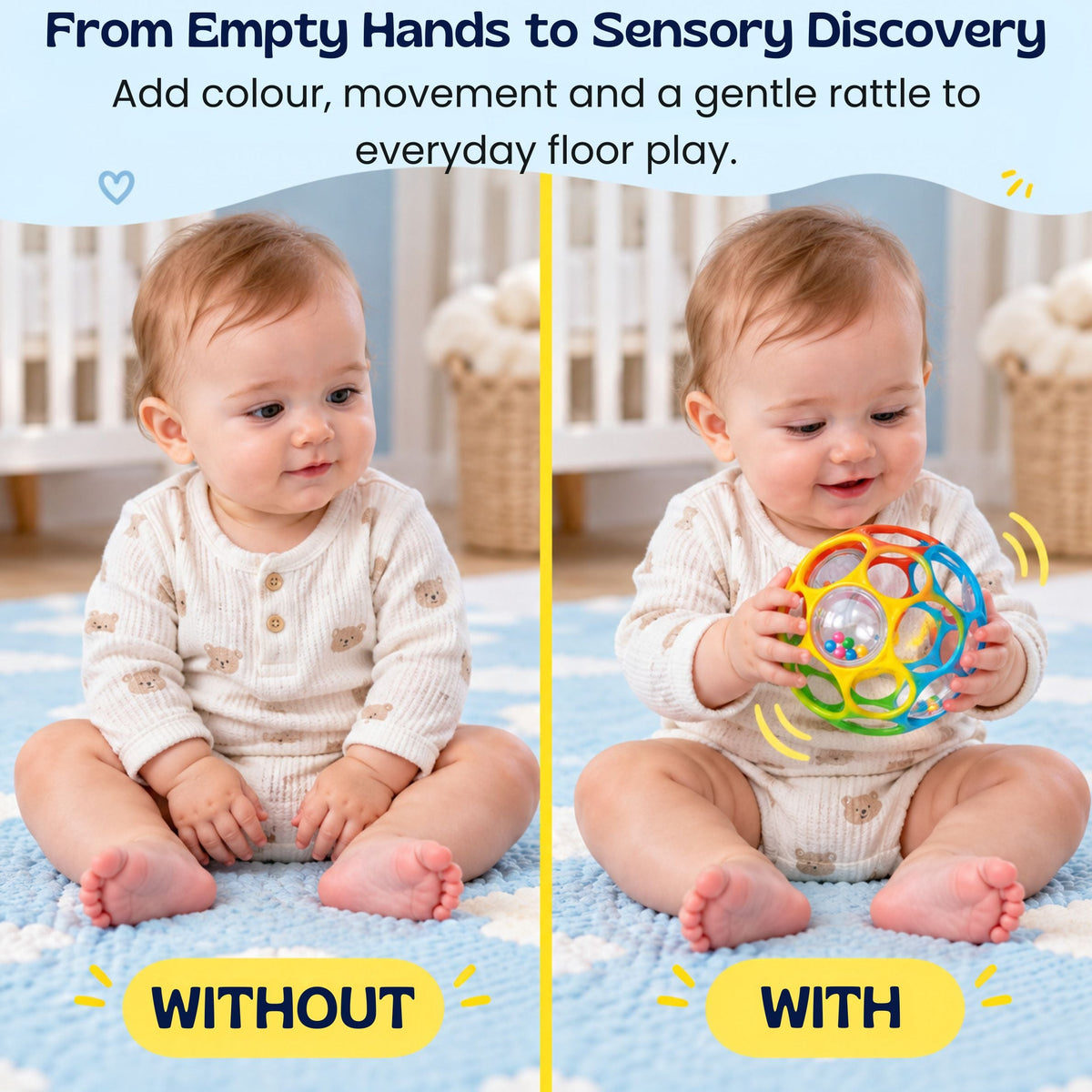 Balle sensorielle pour bébé présentée sous plusieurs angles