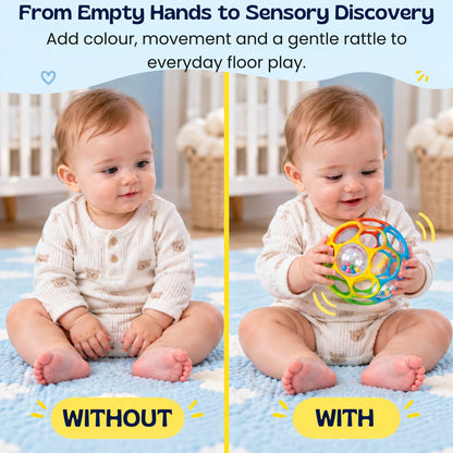 Balle sensorielle pour bébé présentée sous plusieurs angles
