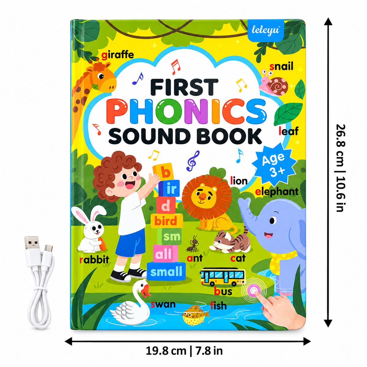 Enfant utilisant un livre sonore interactif pour écouter et répéter des mots anglais