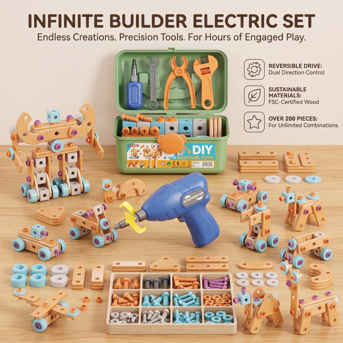 Vue d’ensemble du coffret d’outils et de ses nombreux accessoires