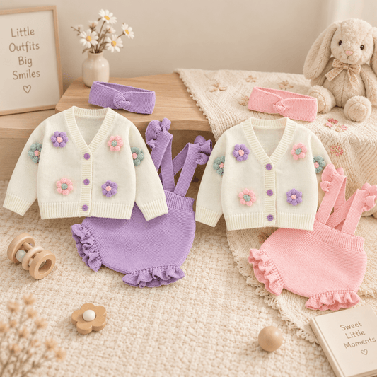 Ensemble Bébé Tricoté 3 Pièces Cardigan Salopette Et Bandeau - Enfant Joyeux