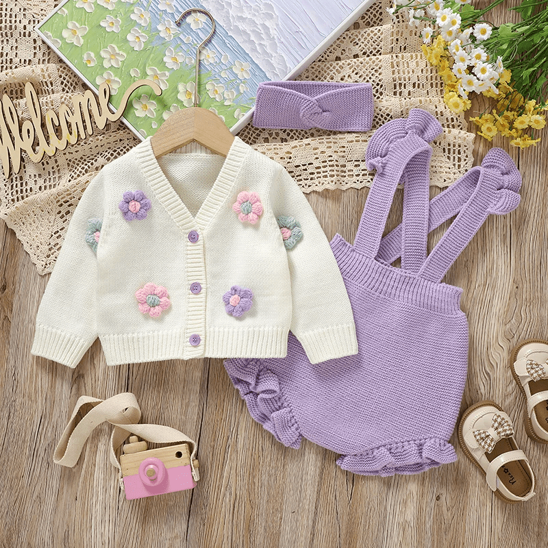 Ensemble Bébé Tricoté 3 Pièces Cardigan Salopette Et Bandeau - Enfant Joyeux