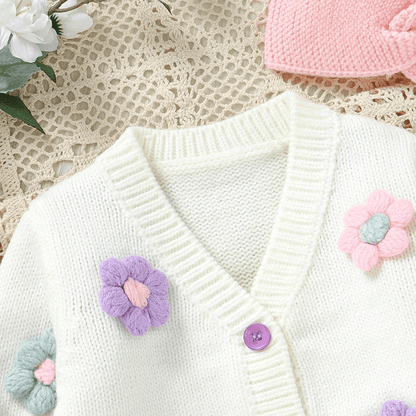 Ensemble Bébé Tricoté 3 Pièces Cardigan Salopette Et Bandeau - Enfant Joyeux