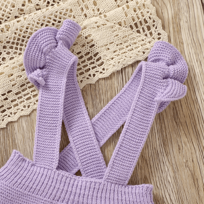 Ensemble Bébé Tricoté 3 Pièces Cardigan Salopette Et Bandeau - Enfant Joyeux