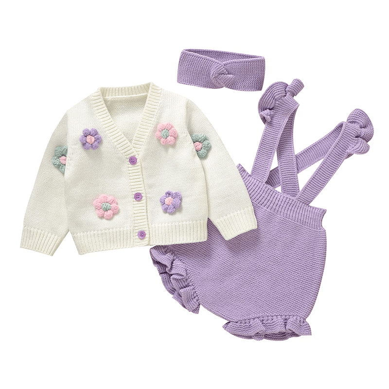 Ensemble Bébé Tricoté 3 Pièces Cardigan Salopette Et Bandeau - Enfant Joyeux