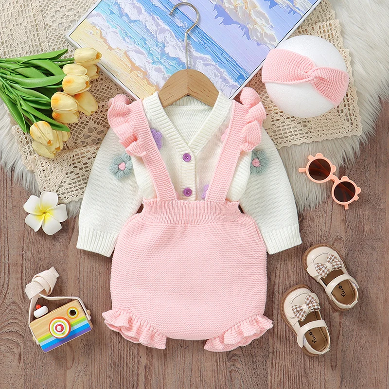 Ensemble Bébé Tricoté 3 Pièces Cardigan Salopette Et Bandeau - Enfant Joyeux