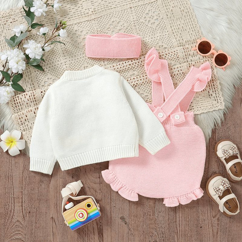 Ensemble Bébé Tricoté 3 Pièces Cardigan Salopette Et Bandeau - Enfant Joyeux