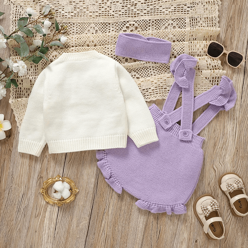 Ensemble Bébé Tricoté 3 Pièces Cardigan Salopette Et Bandeau - Enfant Joyeux