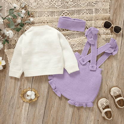Ensemble Bébé Tricoté 3 Pièces Cardigan Salopette Et Bandeau - Enfant Joyeux
