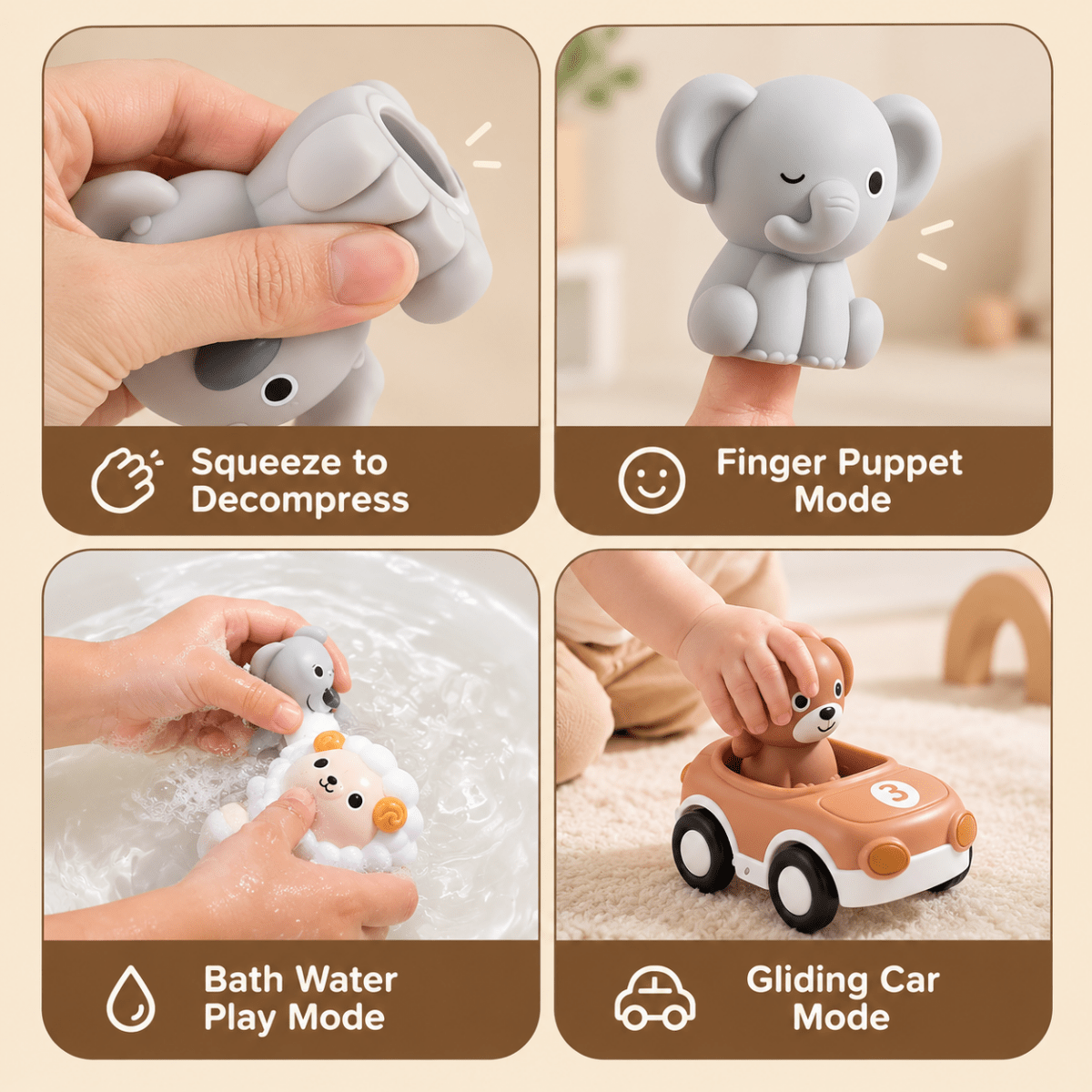 Ensemble De 3 Voitures Jouets Animaux En Silicone - Enfant Joyeux