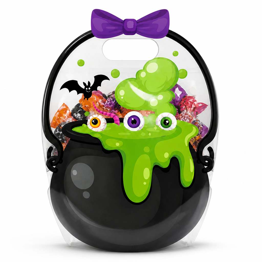 Sacs citrouille transparents présentés pour une table de fête d’Halloween