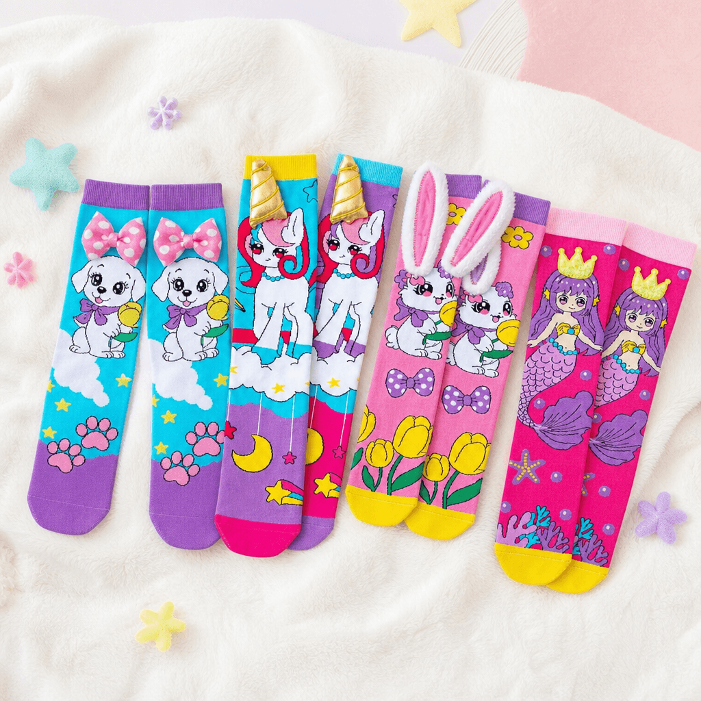 Chaussettes animalières pour enfants présentées en longueur jusqu’aux genoux