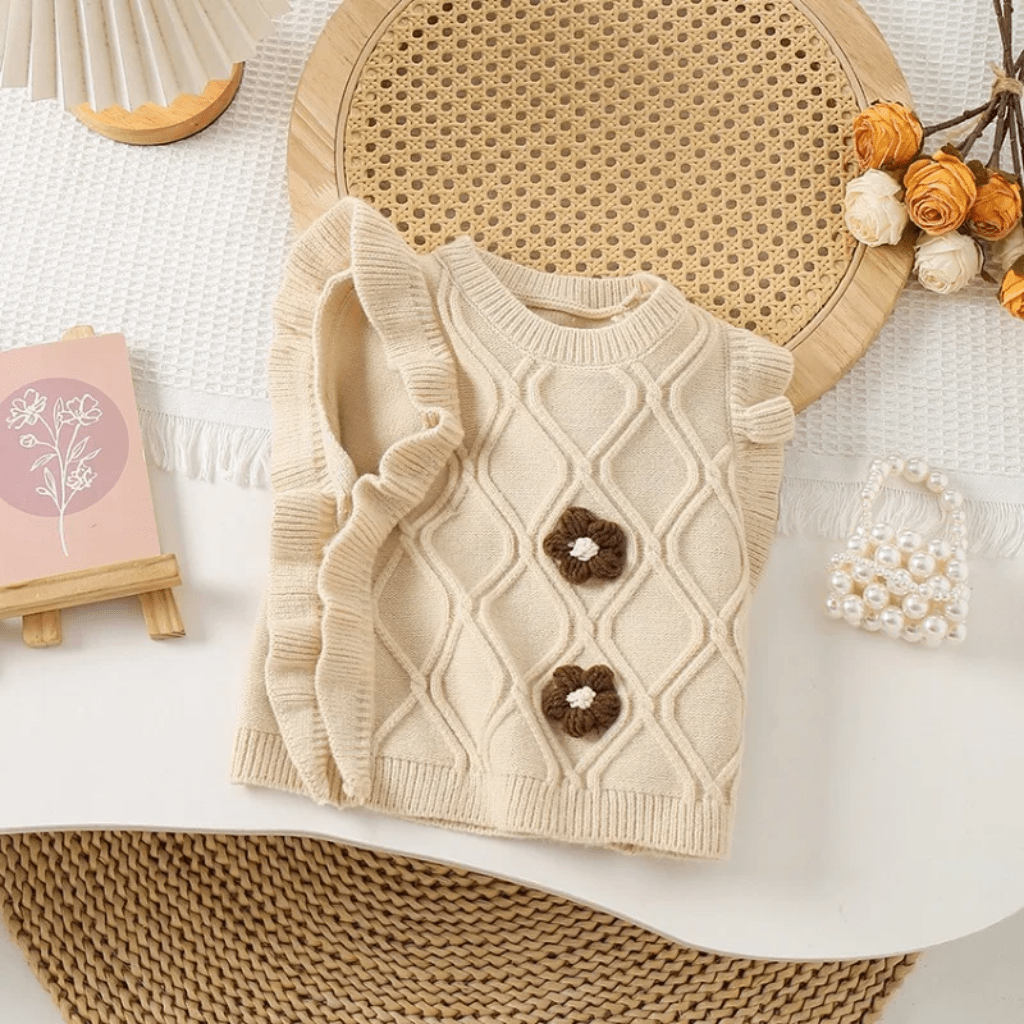 Gilet Tricoté Sans Manches Pour Fille À Fleurs - Enfant Joyeux