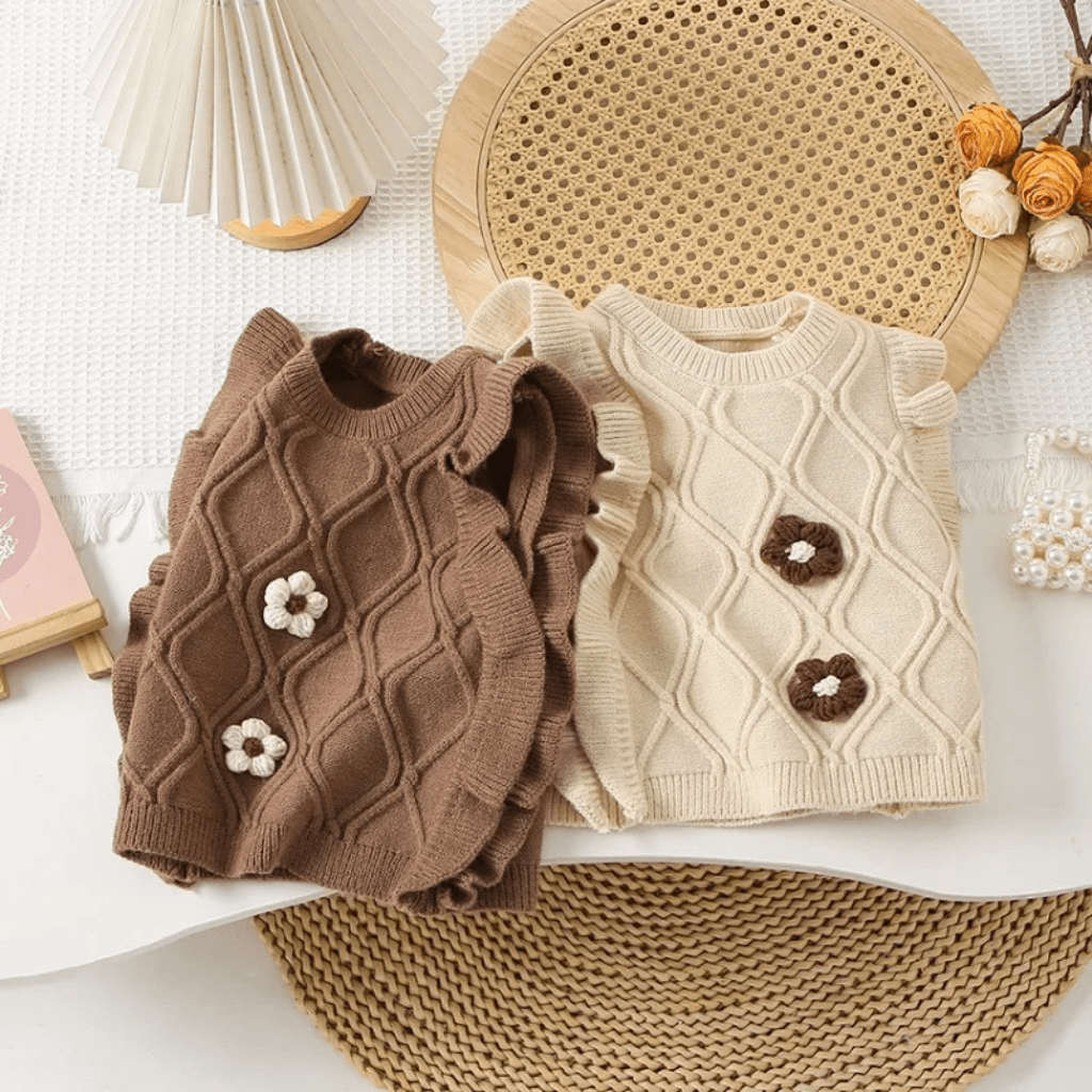 Gilet Tricoté Sans Manches Pour Fille À Fleurs - Enfant Joyeux
