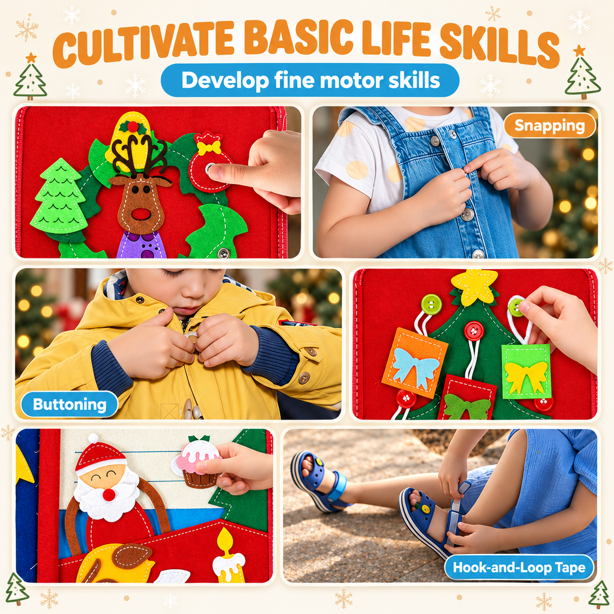 Livre en feutrine ouvert montrant ses activités sensorielles de Noël