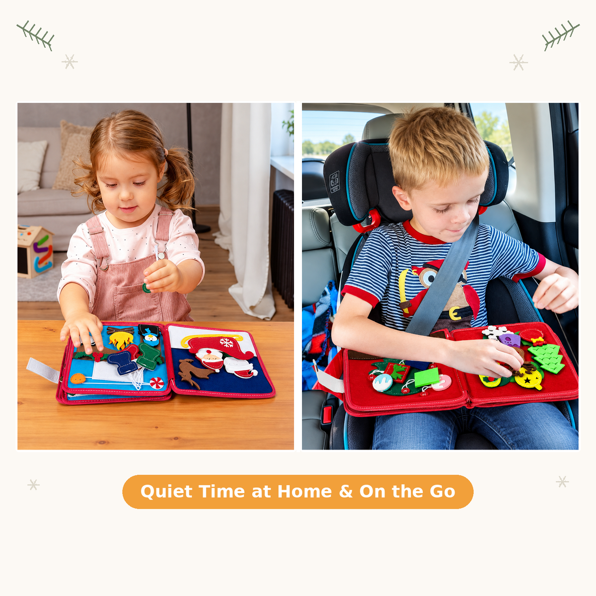 Livre Montessori de Noël ouvert montrant plusieurs pages interactives