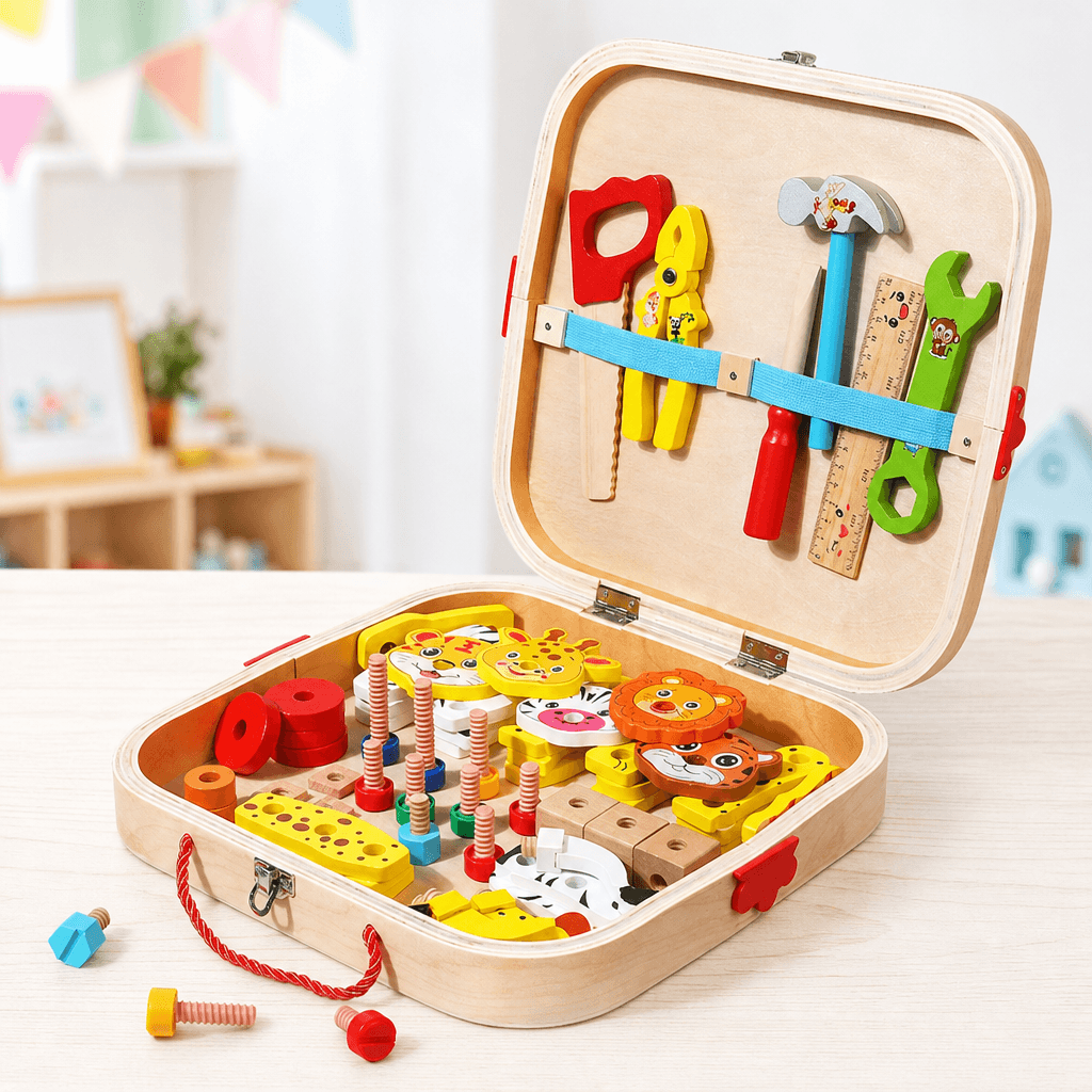 Ensemble de construction en bois pour enfants présenté sur un fond clair