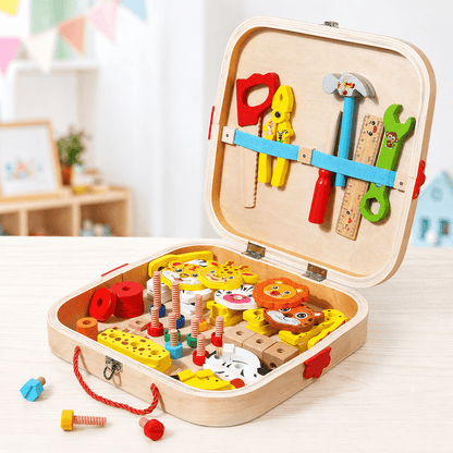 Ensemble de construction en bois pour enfants présenté sur un fond clair