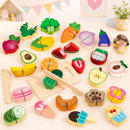 Jeu de nourriture en bois Montessori composé de plusieurs aliments à couper